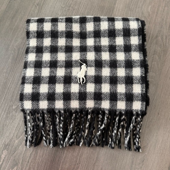 Polo Ralph Lauren Lamb wool black white gingham plaid fringe scarf NWOT - Picture 7 of 8